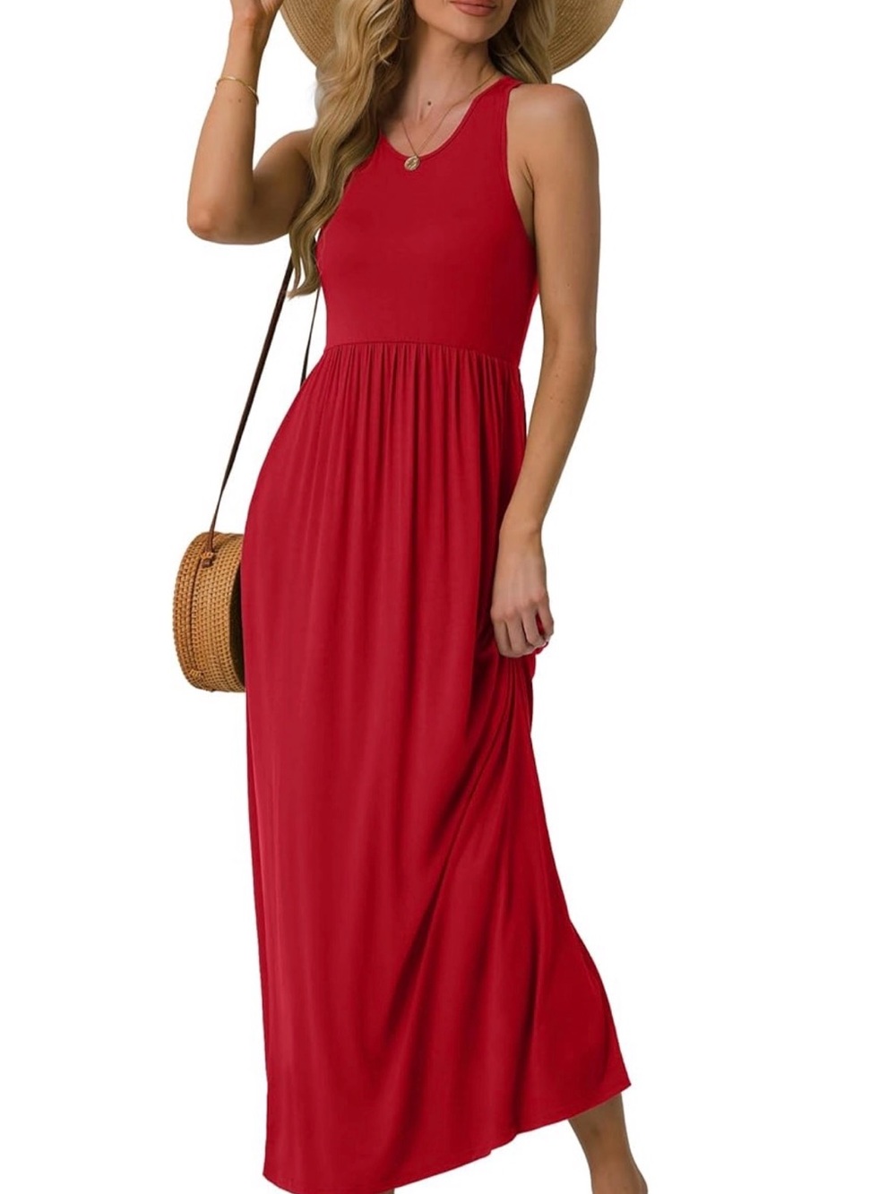 Vibrant Red Sleeveless Maxi Dress with Pockets - Size XL - Long Summer Dress - Picture 2 of 7